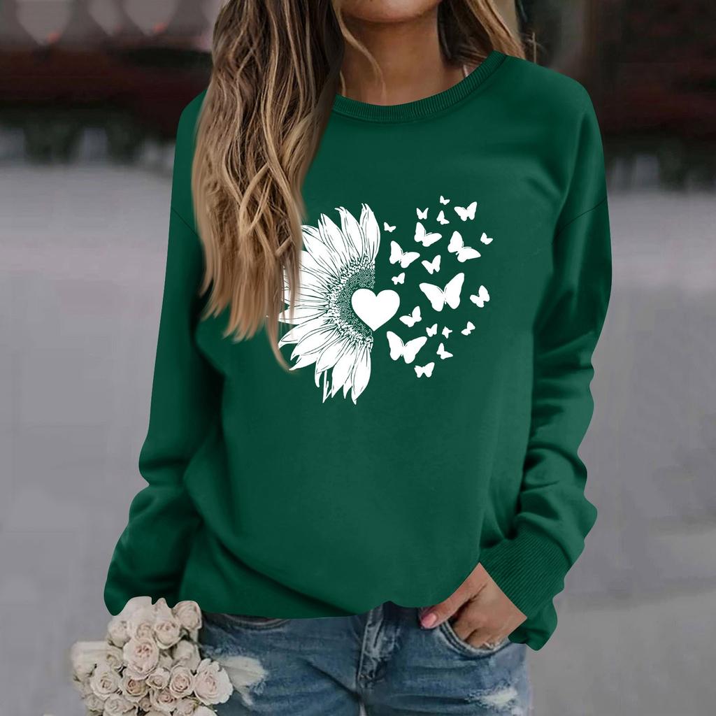 Damenmode Lässig Langarm Einfarbig Bedruckt Rundhals Oberteil Sweatshirt
