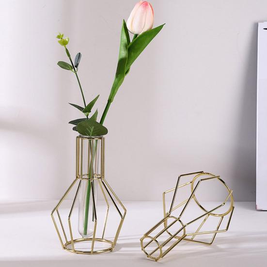 Nordic Simple Glass Clear Vase with Iron Art Frame for Hydroponic Planter Transparent Test Tube Pot Decorative Metal Flower Vase