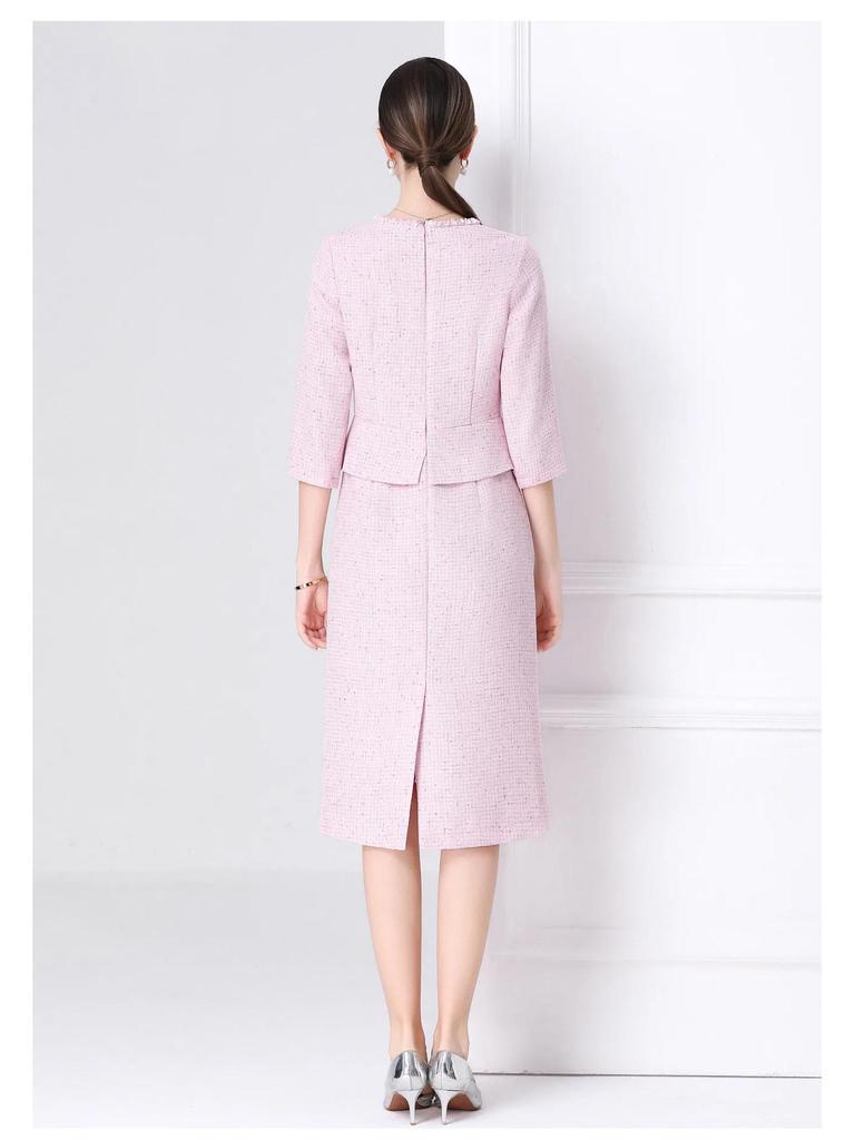 Elegant Spring Pink Beaded Dress - Faux Two-Piece Style