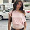 European and American temperament elegant lace splicing off-shoulder sexy solid color waist thin top loose lazy short-sleeved T-shirt