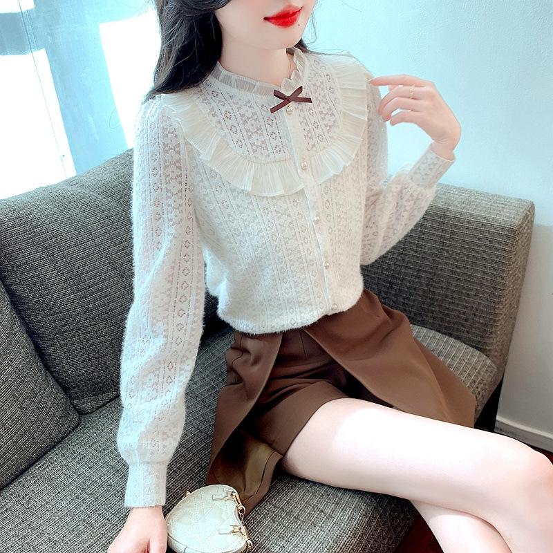 Women's Long Sleeve Stand Collar Lace Shirt with Velvet Inner Layer