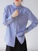 Women's Slimming Long Sleeve Cotton Shirt, Blue Striped, 100% High-Density Cotton.