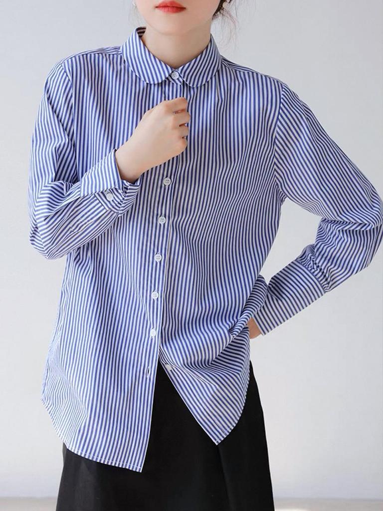 Women's Slimming Long Sleeve Cotton Shirt, Blue Striped, 100% High-Density Cotton.
