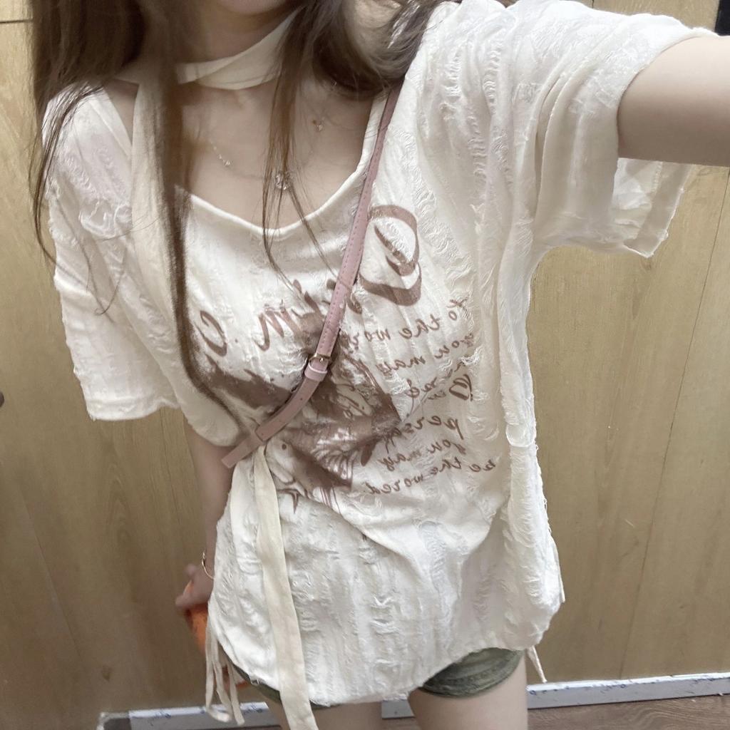 Butterfly Print Drawstring Design Women's Short Sleeved T-shirt Summer Slimming Ladies Tees Korean V-neck Loose Top