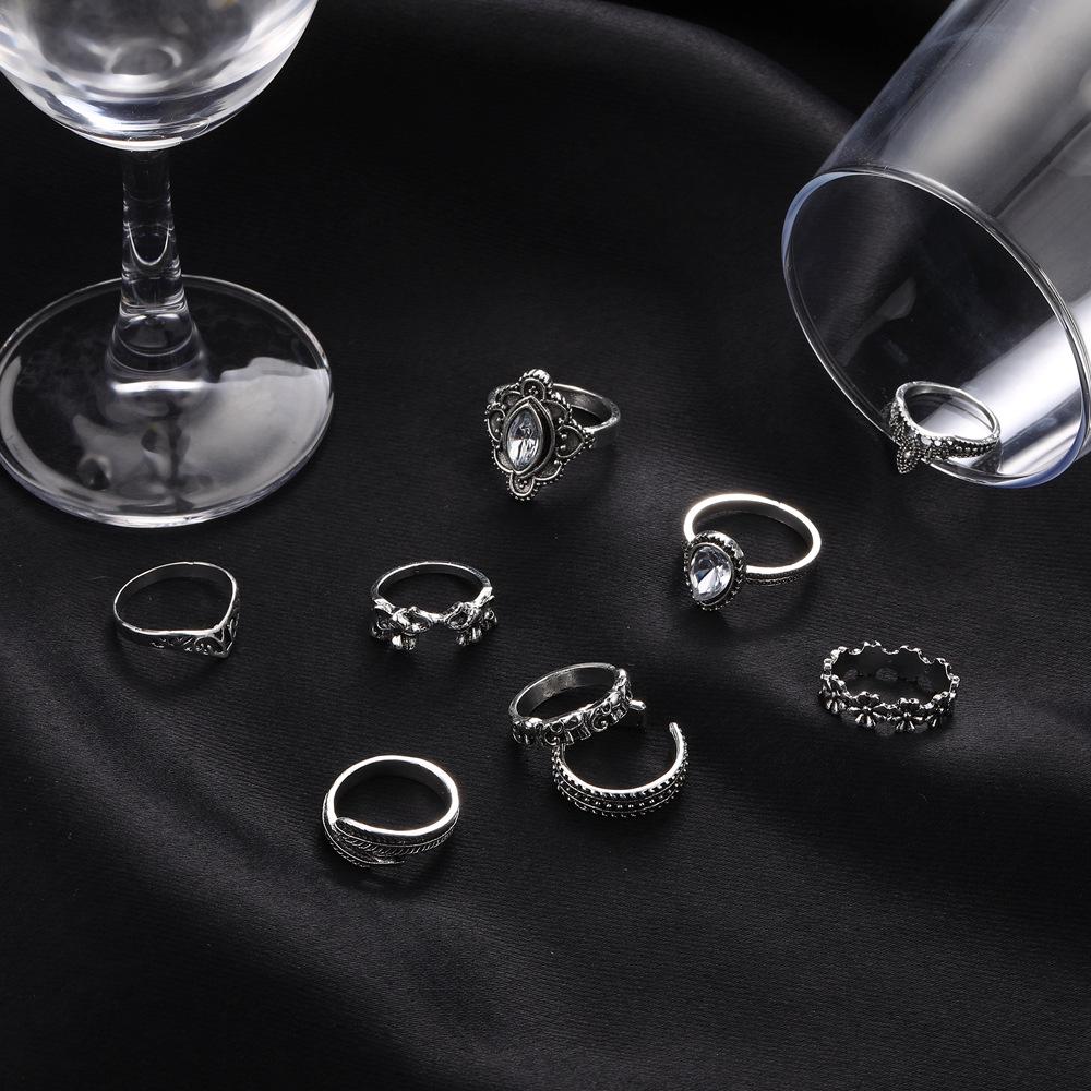 Retro Rhinestone Floral Feather Carved Open Ring Set - 9 Pieces