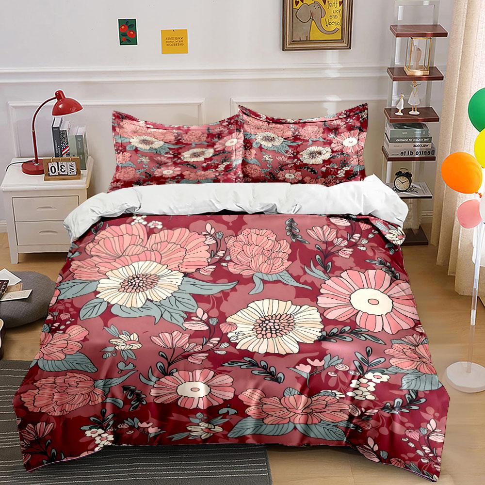 Burgundy Red And Pink Floral Pattern Bedding Set For Kid'S And Adults' Bedroom Decor, Exquisite Three-Piece Bedding Set Gift