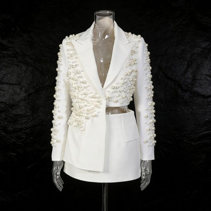 Fashion Sexy Wind Skirt Suit Women Lapel Pearl Decoration Short Top + Low Waist Slimming A-line