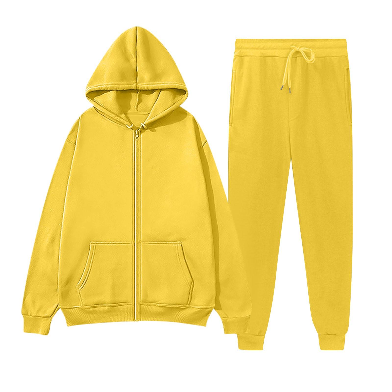 

Женский модный повседневный однотонный спортивный комплект Fashion Hugh, кардиган с капюшоном, толстовка + спортивные штаны XL жёлтый