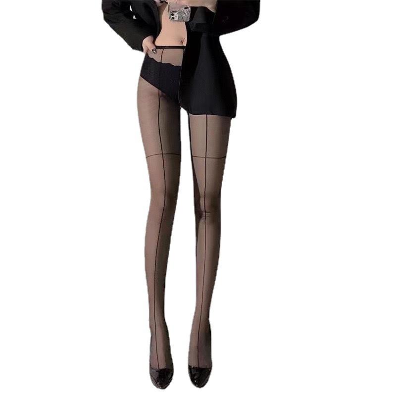 Black Silk Sexy  Girl Front and Back Shrimp Line Leg Ring Cross Bottoming Stockings Slimming Thin Straight Line Outer Wear Pu