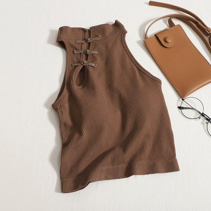 

ITOOLIN женские винтажные китайские топы на пуговицах с бюстгальтером, топы с лямкой на шее, элегантные укороченные топы с открытыми плечами для женщин One Size хаки