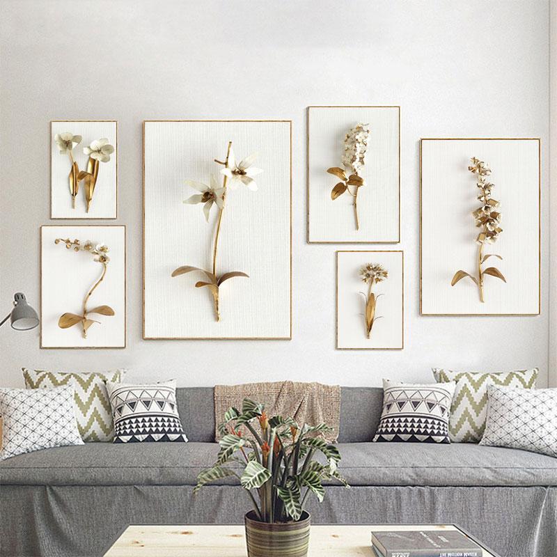 Abstraktní Golden Leaf Květina Obraz na plátně Severské rostliny Plakát Nástěnná umělecká reprodukce Obraz Moderní ulička Obývací pokoj Domácí dekorace