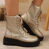 Golden Lace Up Ankle Boots Women Pu Leather Wedges Boots for Woman Spring Autumn Thick Bottom Plus Size 36-43 Booties Female