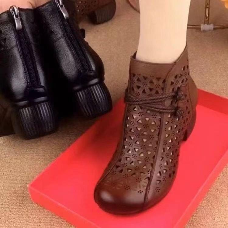 Retro Hollow Hole Hole Summer New Round Head Soft Bottom Casual Cool Boots Versatile Mother Print Breathable Women's Cool Short Boots