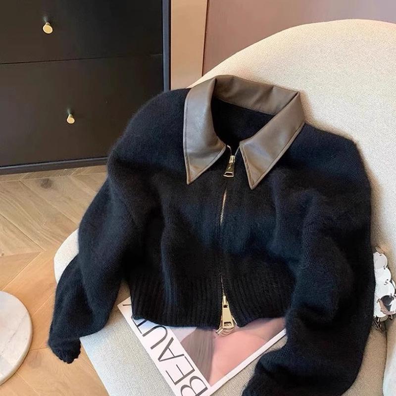 

Zipper Cropped Cardigan Women Thick Knitted Sweater Bomber Jacket Vintage Short Fitted Knitwear Coat One Size чорний