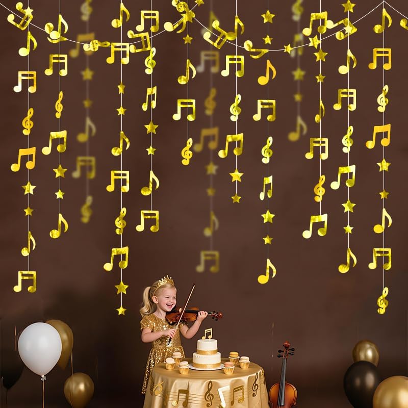 Gold Shimmering Musical Note Star Hanging Garland Gold Music Theme Party Hanging Backdrop Ceiling Decor for Birthday Baby Shower Party Concert