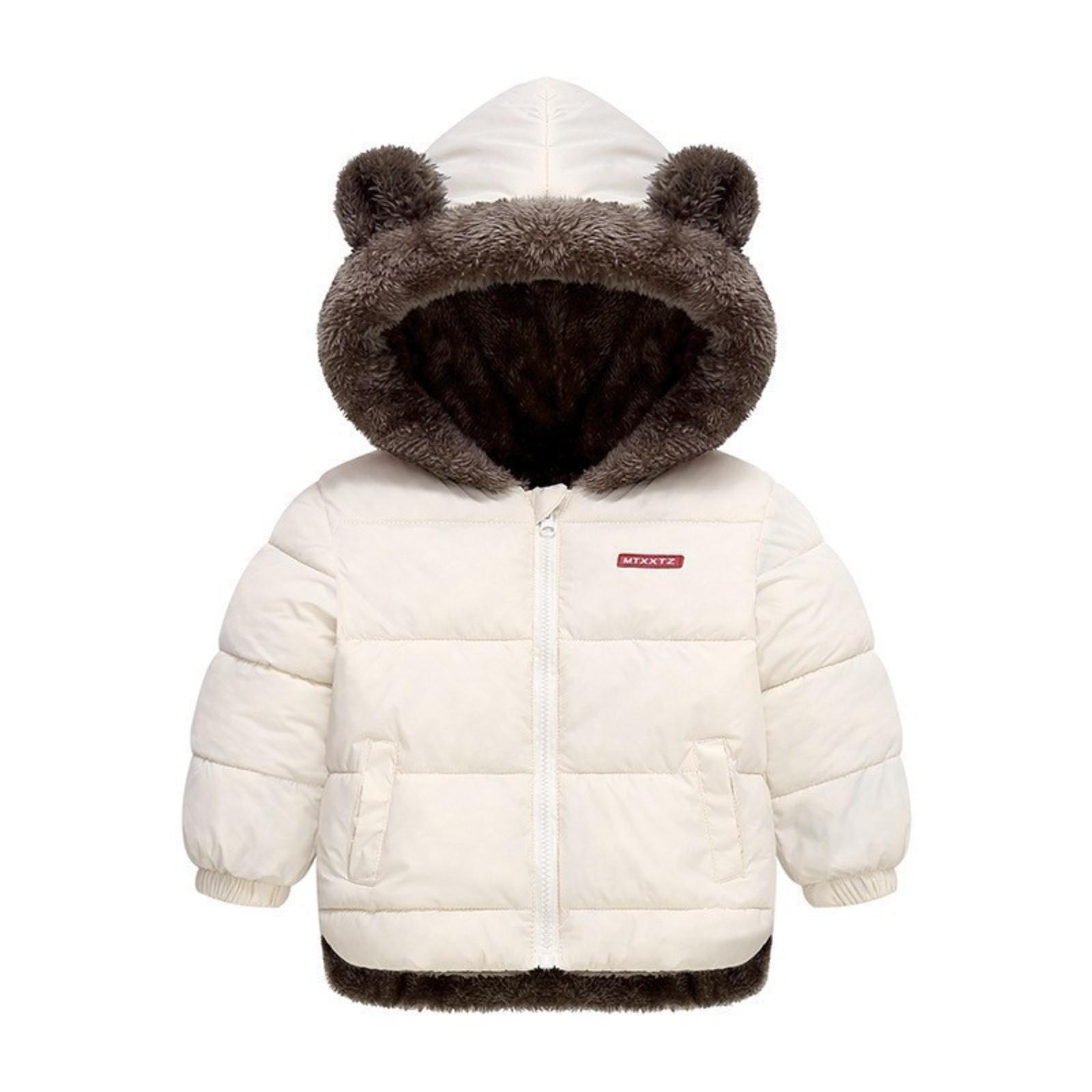 Toddler Hooded Winter Jacket with Bear Ears Padded Warm Outerwear for Boys and Girls Zipper Closure Soft 110 белый