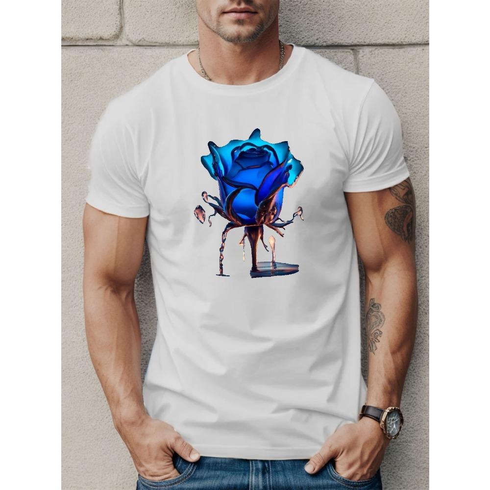 Europäische Größen Blau Rose Print T-Shirt, T-Shirts Für Männer, Lässiges Kurzarm-T-Shirt Für Den Sommer
