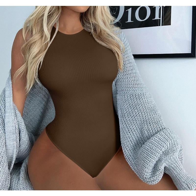 

New Women s Round-Neck Sleeveless Outerwear-Style Button-Down Bodysuit with Waist-Cinching T-Back Design XXL темно-коричневого кольору