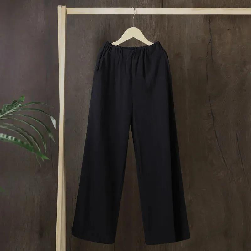 Women Summer 100% Cotton Large Size Wide Leg Casual Pants Loose Elastic Waist Solid Color Thin Cropped Pants