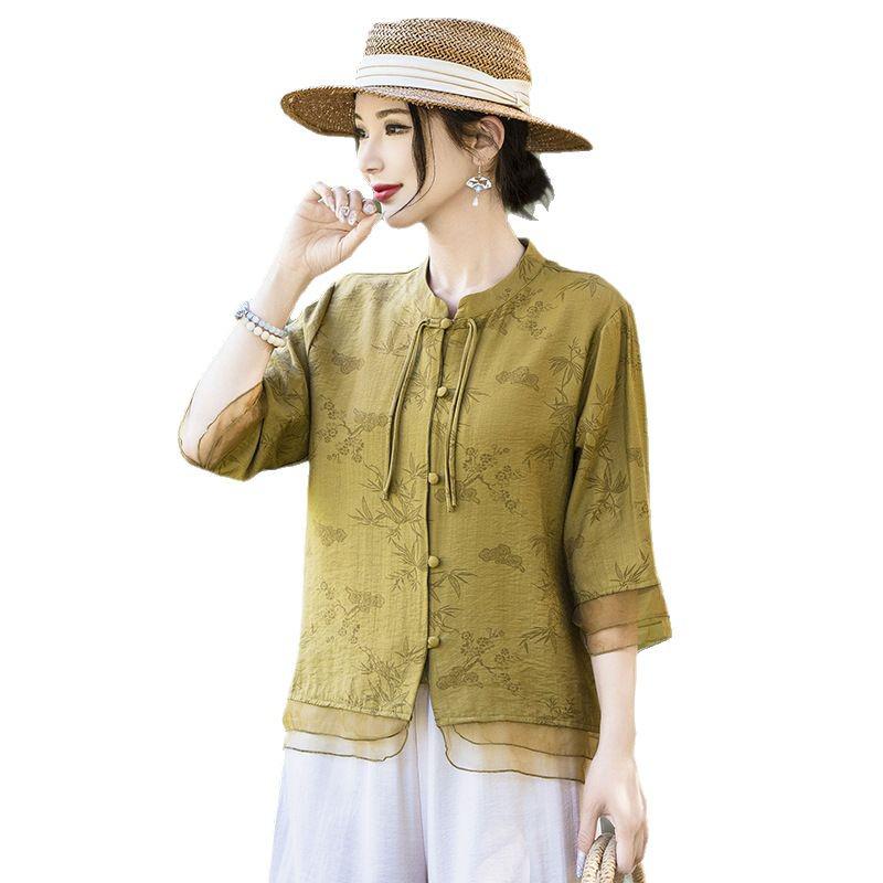 Summer Mid-Sleeve Chinese Style Blouse for Middle-Aged Women - Elegant and Lightweight