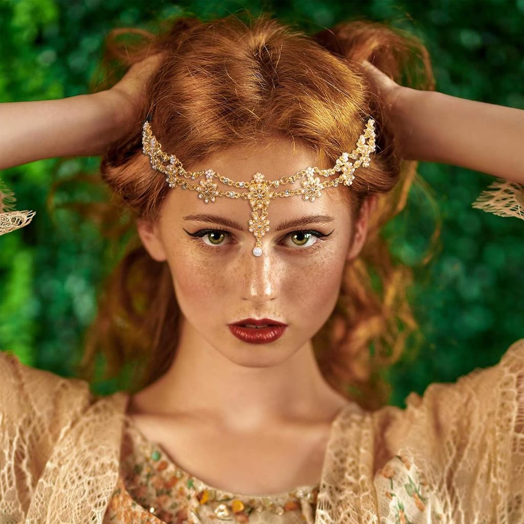 Theshai Gold Head Chain for Women Jewelry Headband Crystal Bohemian, Hair Accessories with Peal Women Head Chains Tassel Forehead Chain Festival Prom