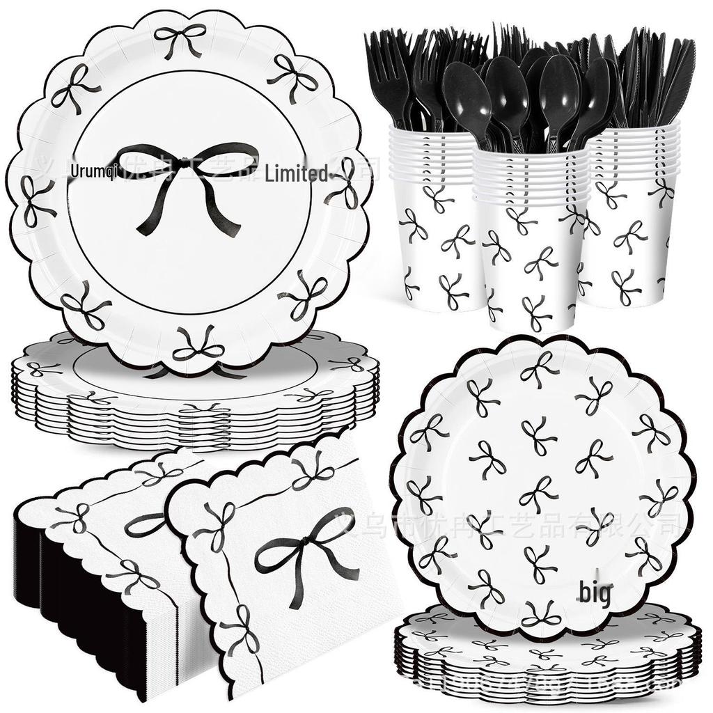 Black Bow Tie Party Set: Disposable Plates, Napkins, Tablecloth & Decorations