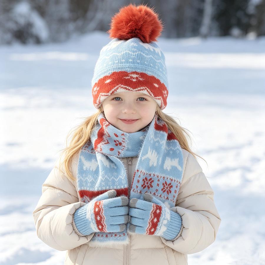 Autumn and Winter Children's Hat, Scarf, Glove Set, Men's and Women's Velvet Jacquard Fel Island Knitted Curled Hat