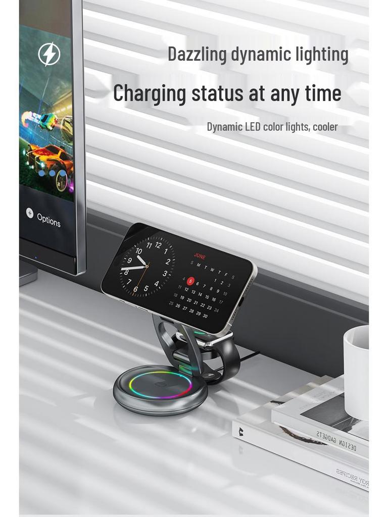 15W 3-in-1 Foldable Magnetic Wireless Charger Stand for Apple Watch, Earphones, and Phone