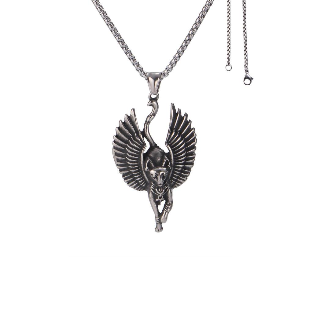 Ancient Egyptian Bastet Cat Double-Winged 3D Pendant On Stainless Steel Square Bead Chain