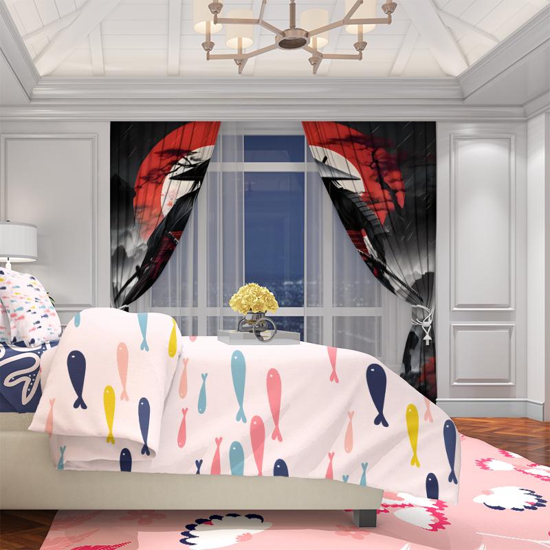 2 curtains in Samurai print - Polyester - suitable for bedroom, living room, study, private space + magnetic binding