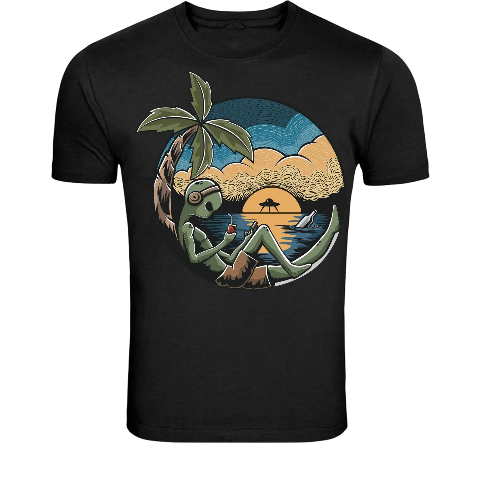 Chill Alien Beach Sunset T-Shirt - Funny UFO Vacation Graphic Tee XS