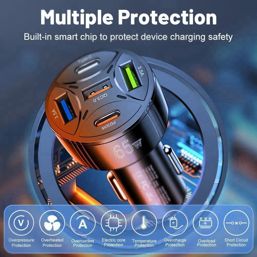 65W USB Car Charger Fast Charging 5 Ports PD Type C Car Phone Charger Adapters For iPhone 15 Xiaomi Samsung Quick Charger In Car