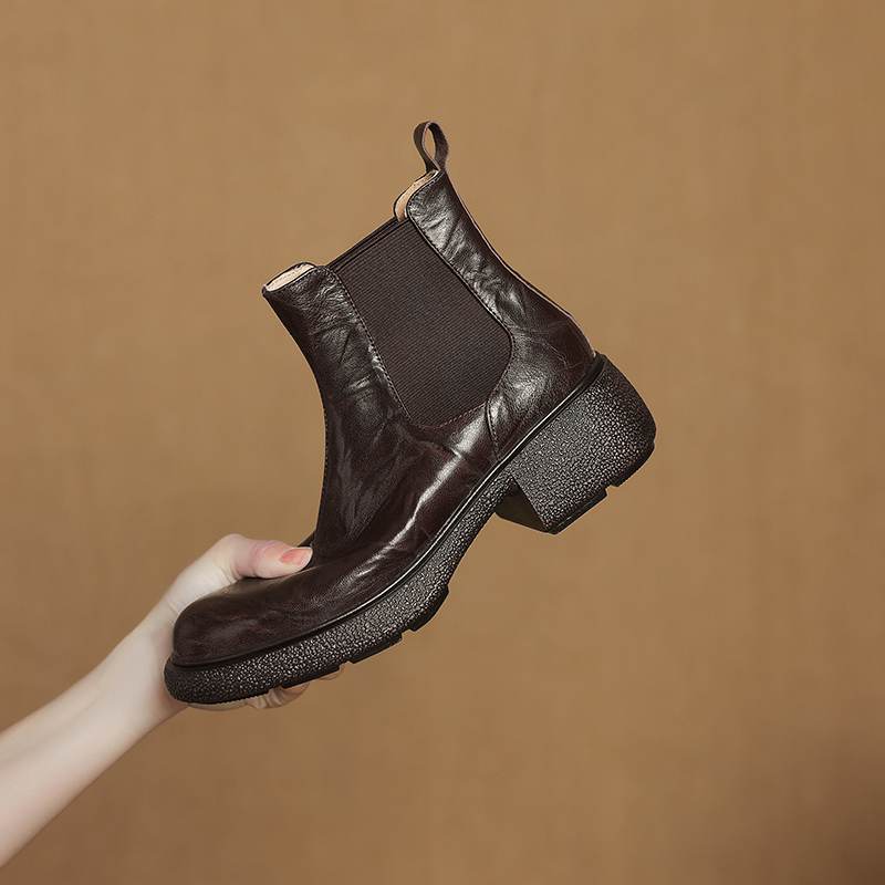 Krazing Pot Sheepskin Pleated Decoration Autumn Winter Shoes Chunky Heels Size 43 Size 42 Round Toe Slip on Retro Fashion Ankle Boots