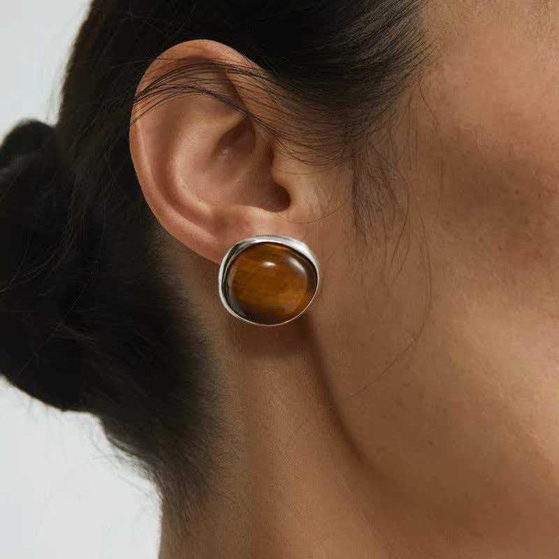Melanoid Oval Tiger Eye Stud Earrings: Versatile Light Luxury Design for Women
