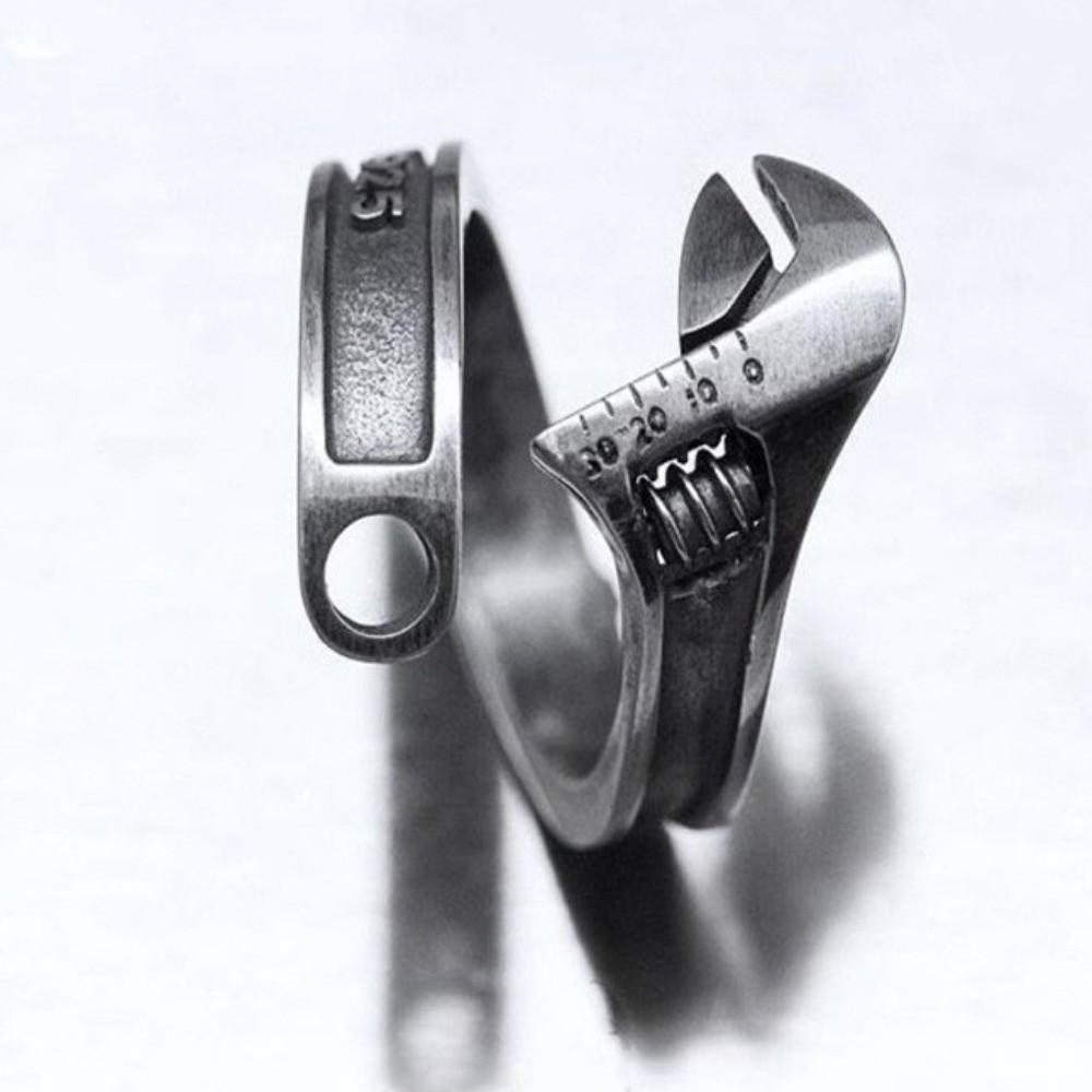 Heavy Duty Spanner Finger Ring Silver Plated Biker Jewelry Wrench-Shaped Open Ring Boys Girls