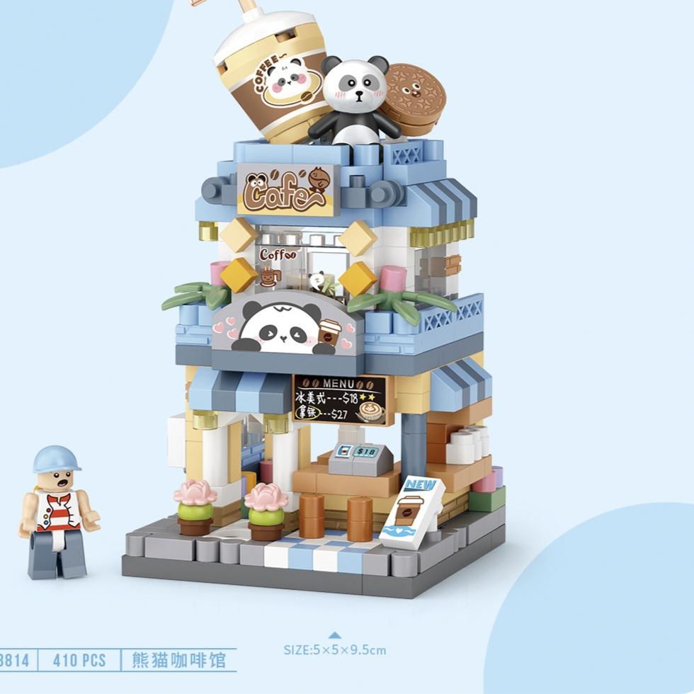 2026 NEW Panda Pet Coffee Ice Cream Flower Shop Store Street View Food House Building Blocks Kit Girls Model Kids Toy Children