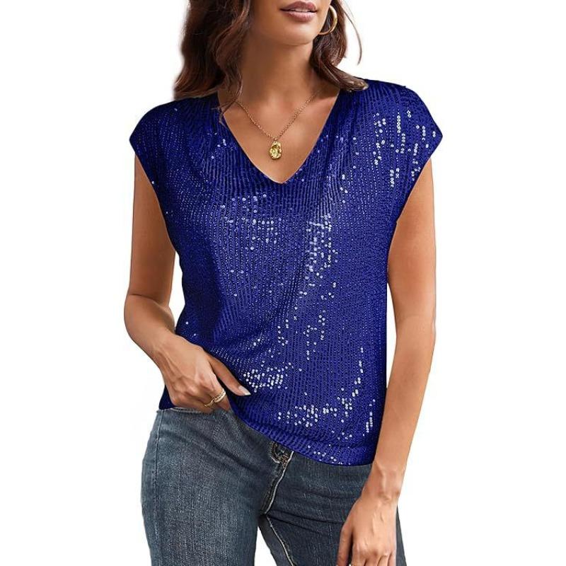 Women's V Neck Cap Sleeve Solid Sequin Glitter Sparkly Party Casual Blouse Top