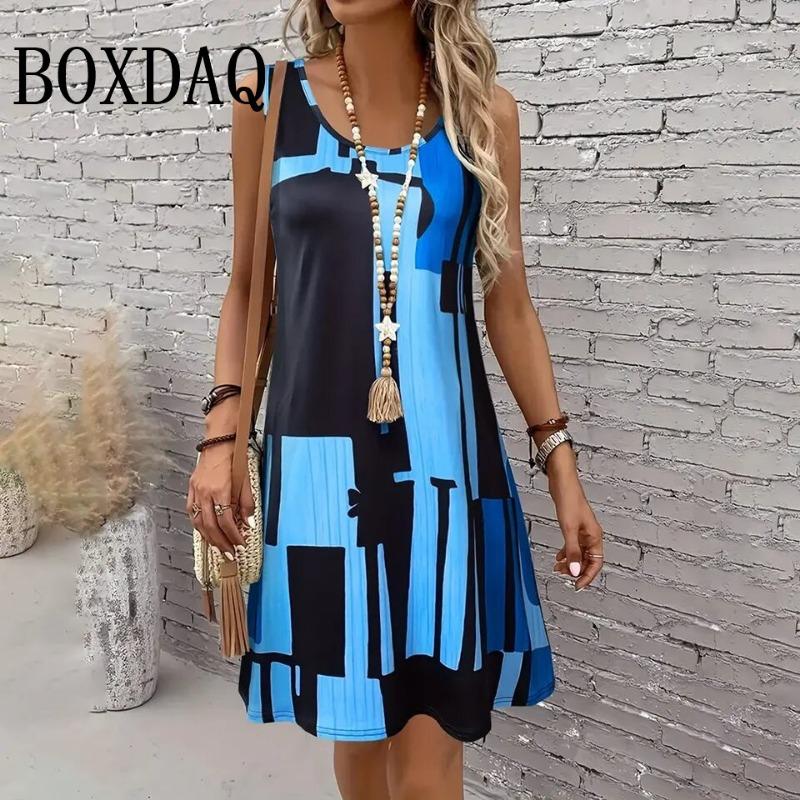 Abito Corto Elegante da Donna a Maniche Corte con Stampa a Contrasto Gradiente Moda Casual Quotidiana da Donna a Strisce Senza Maniche Estivo