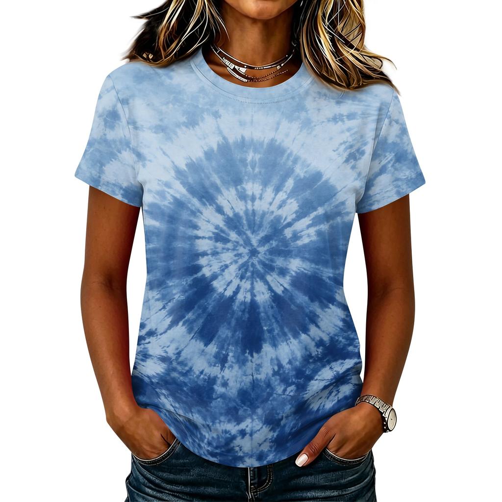 Women's Casual Pullover T Shirt Short Sleeve Round Neck Tie Dye Print Top Lightweight Comfortable Fit
