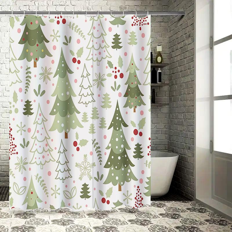 Christmas Themed Shower Curtain With Cute Green Trees Red Berries Snowflakes Festive Bathroom Decor Easy To Clean And Maintain