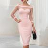 Women's Off Shoulder Mesh Patchwork Bodycon Dress Elegant Slim Fit Midi Dress with Sheer Sleeves for Summer Parties
