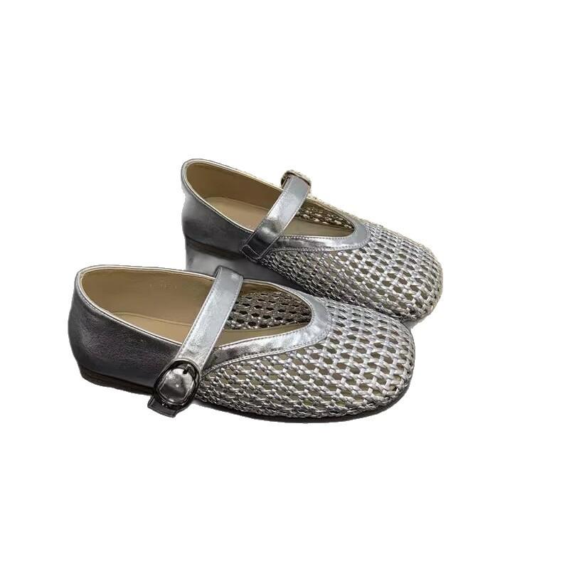 Hollow Fishing Net Crocheted One-word Strap Single Shoes Women's 2025 New Round Head Flat-soled Ballet Shoes Woven Mary Jane