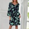 Women's Fashion V-neck Color Large Size Loose Long Large Swing 3/4 Sleeved Dress