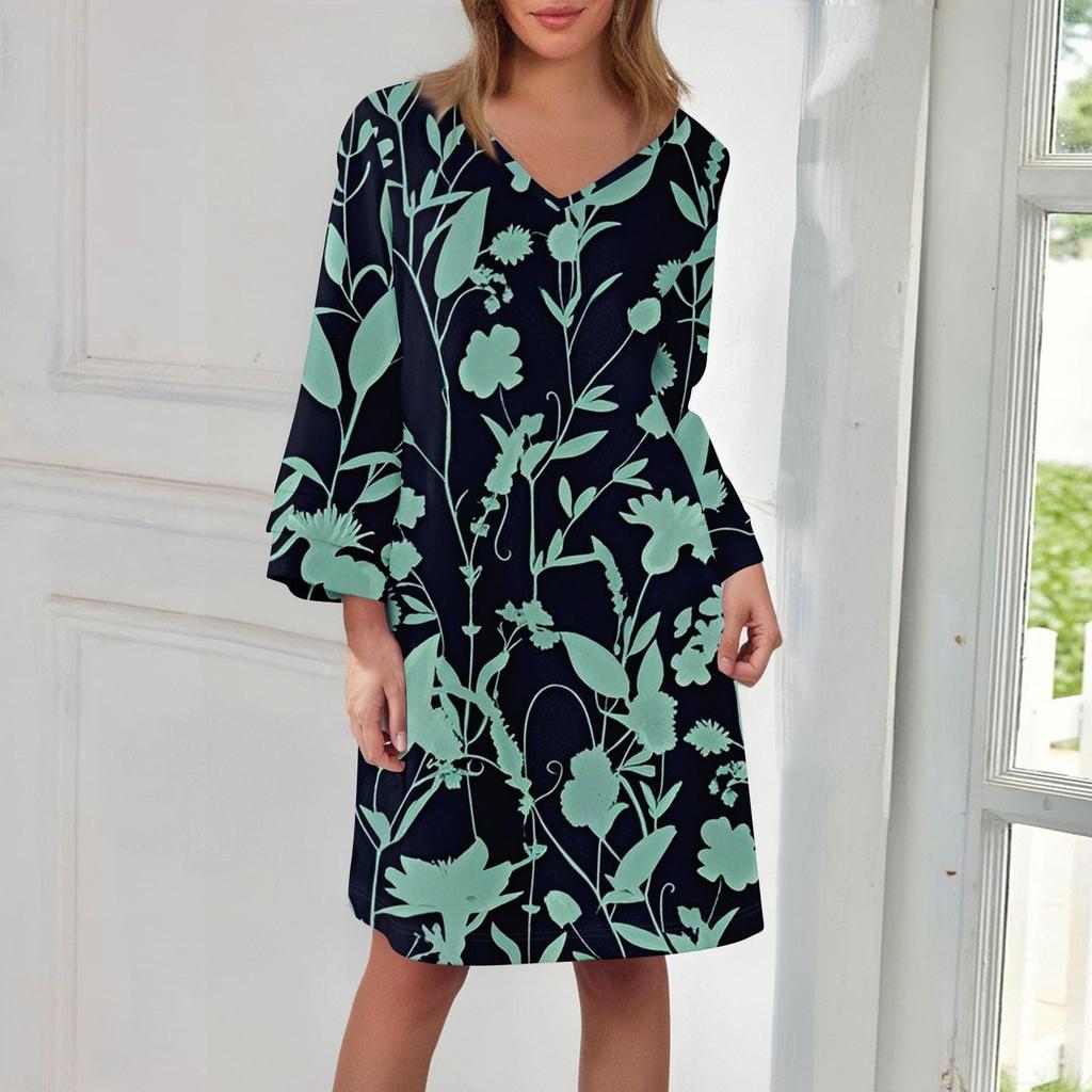 Women's Fashion V-neck Color Large Size Loose Long Large Swing 3/4 Sleeved Dress