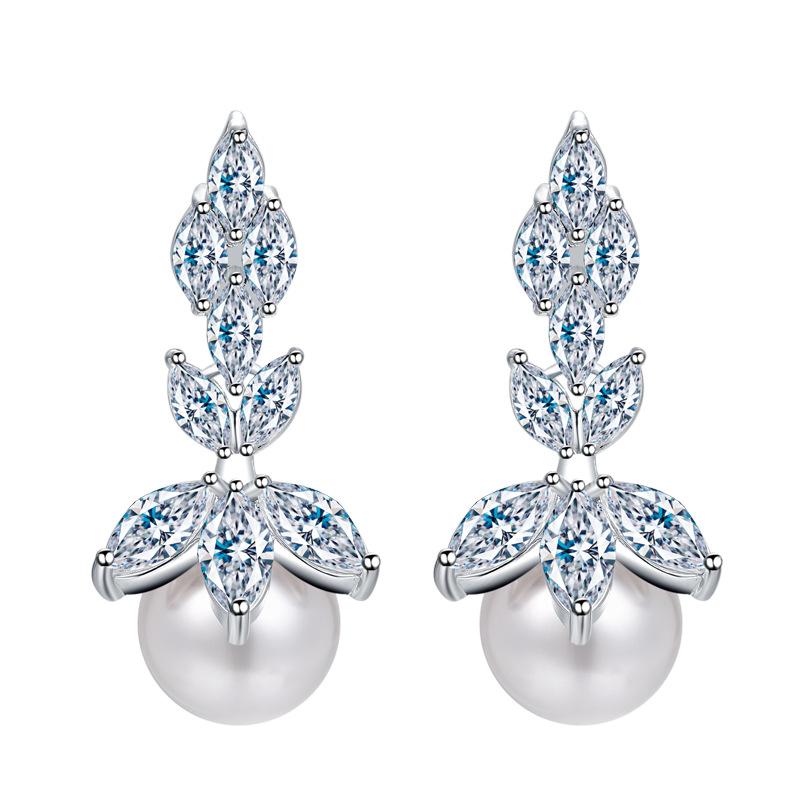 Sweet And Cute Flower Earrings, Zircon Shell Pearl Pendant.