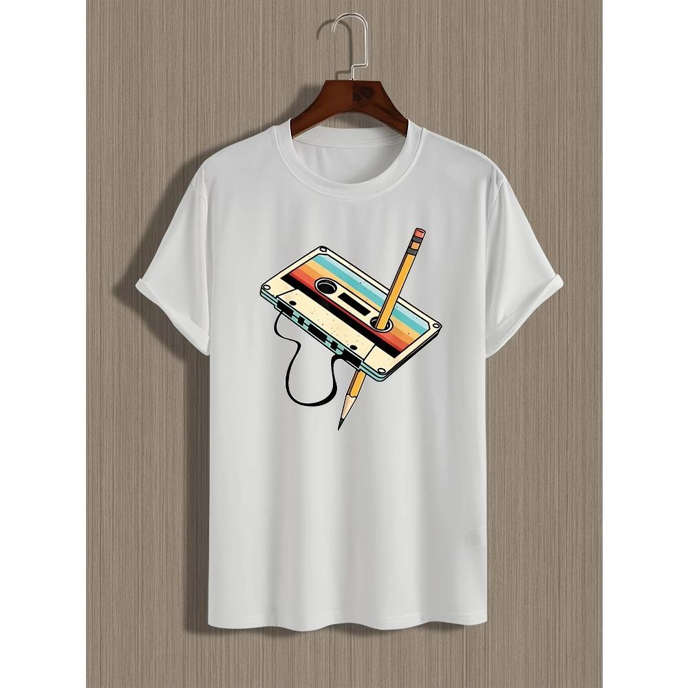 Retro Cassette Print T-Shirt - -Elastane Blend, Casual Crew Neck, Slight Stretch, Summer Knit Fabric Top for Men