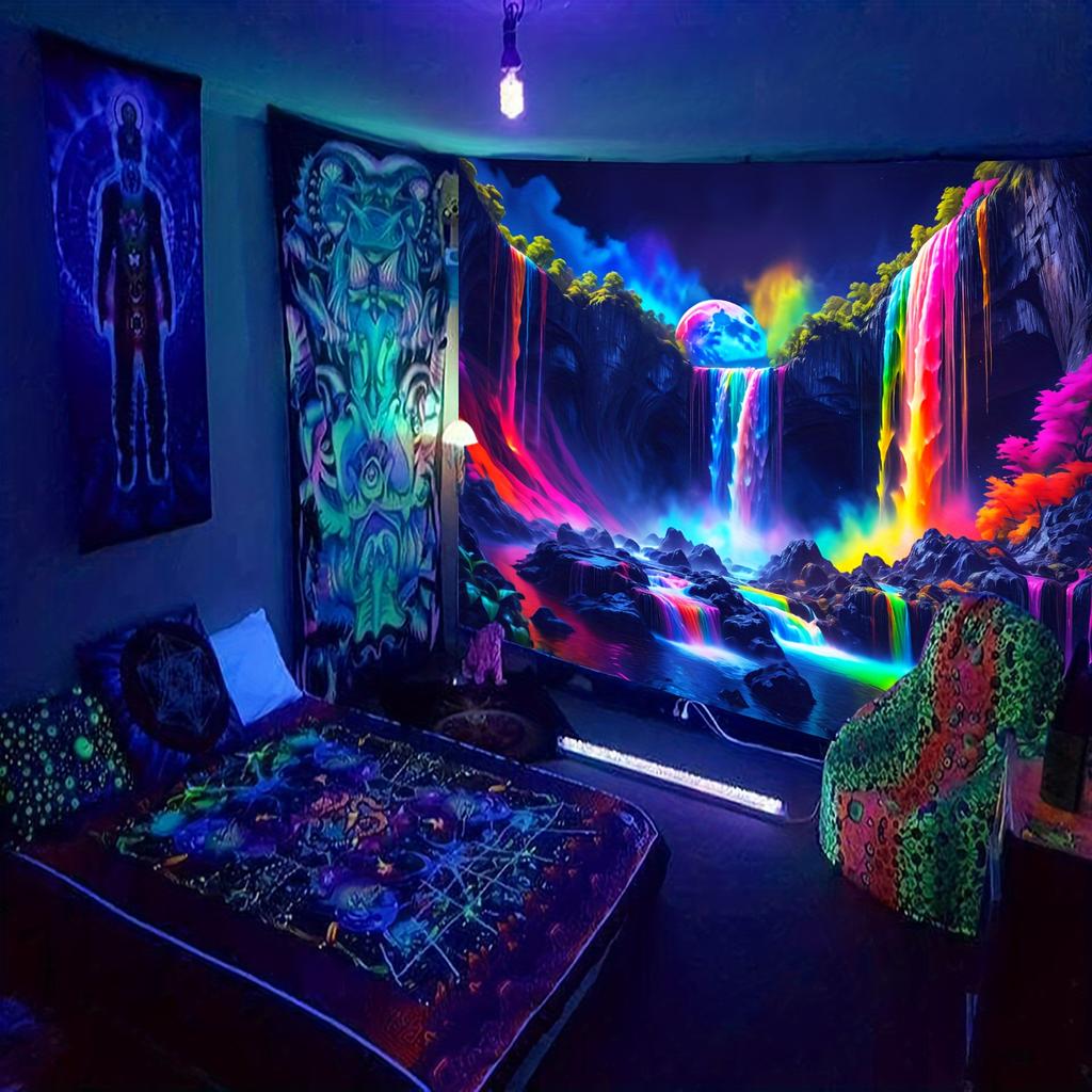 1 waterfall and rainbow forest night fluorescent tapestry,  natural landscape polyester ultraviolet black light tapestry