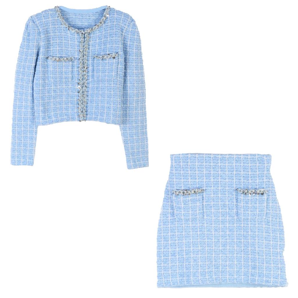 Schickes, französisch inspiriertes Strickjacken- und Bodycon-Midirock-Set mit Diamanten