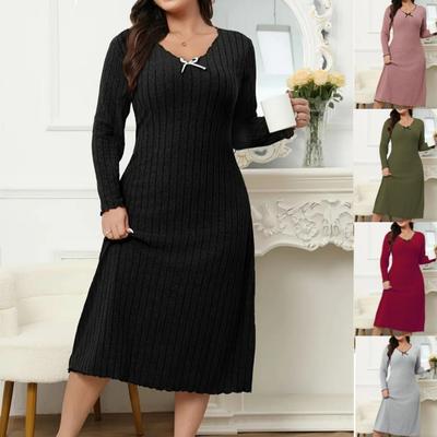 Damska codzienna długa sukienka z długim rękawem, dekoltem w serek, jednolity kolor, drewniane kolczyki, sukienka plus size