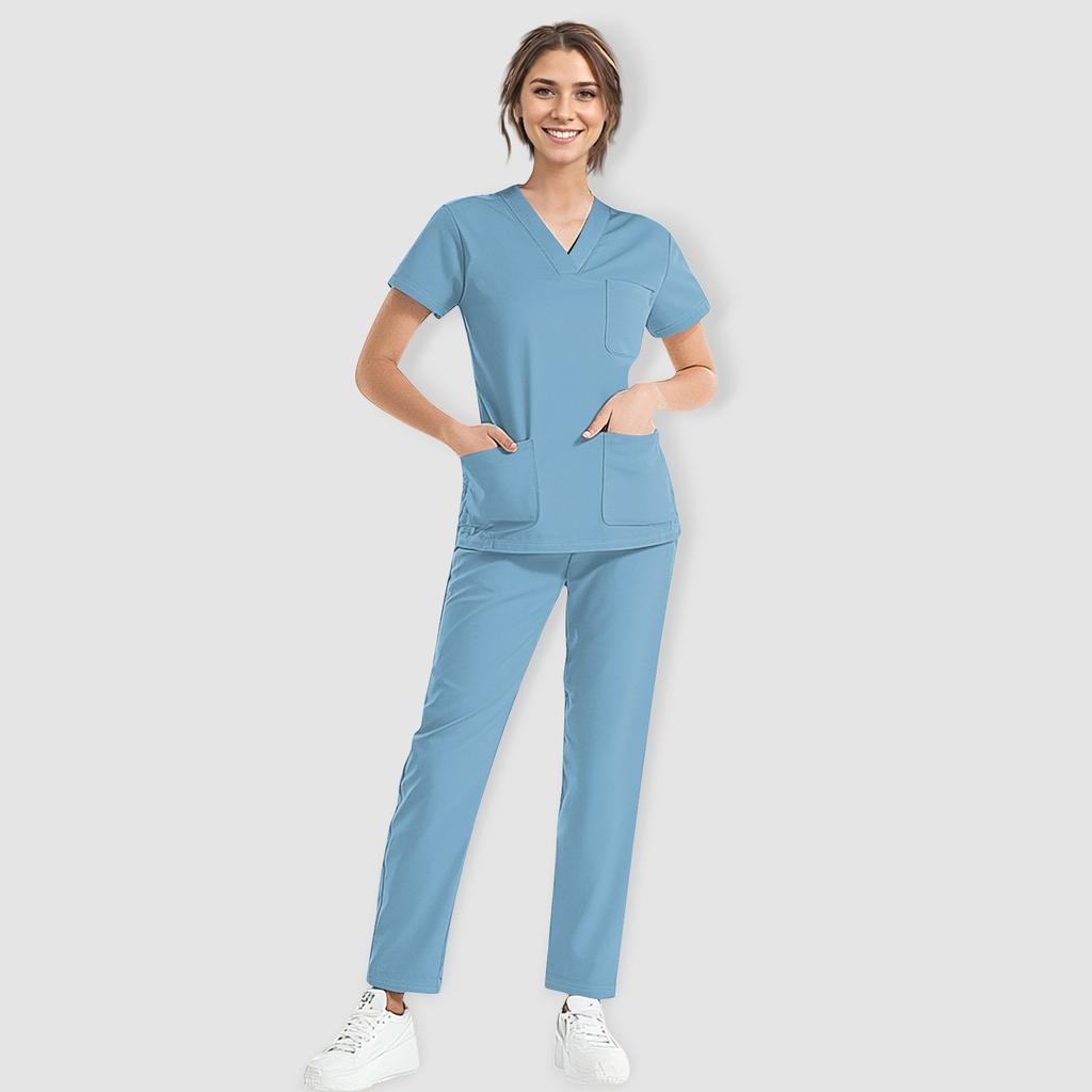 Damski krótki rękaw, dekolt w serek, jednolity kolor, kieszeń na piersi, elastyczny pas, spodnie, dwuczęściowy zestaw roboczy, 3 kieszenie, bluzki chirurgiczne dla kobiet
